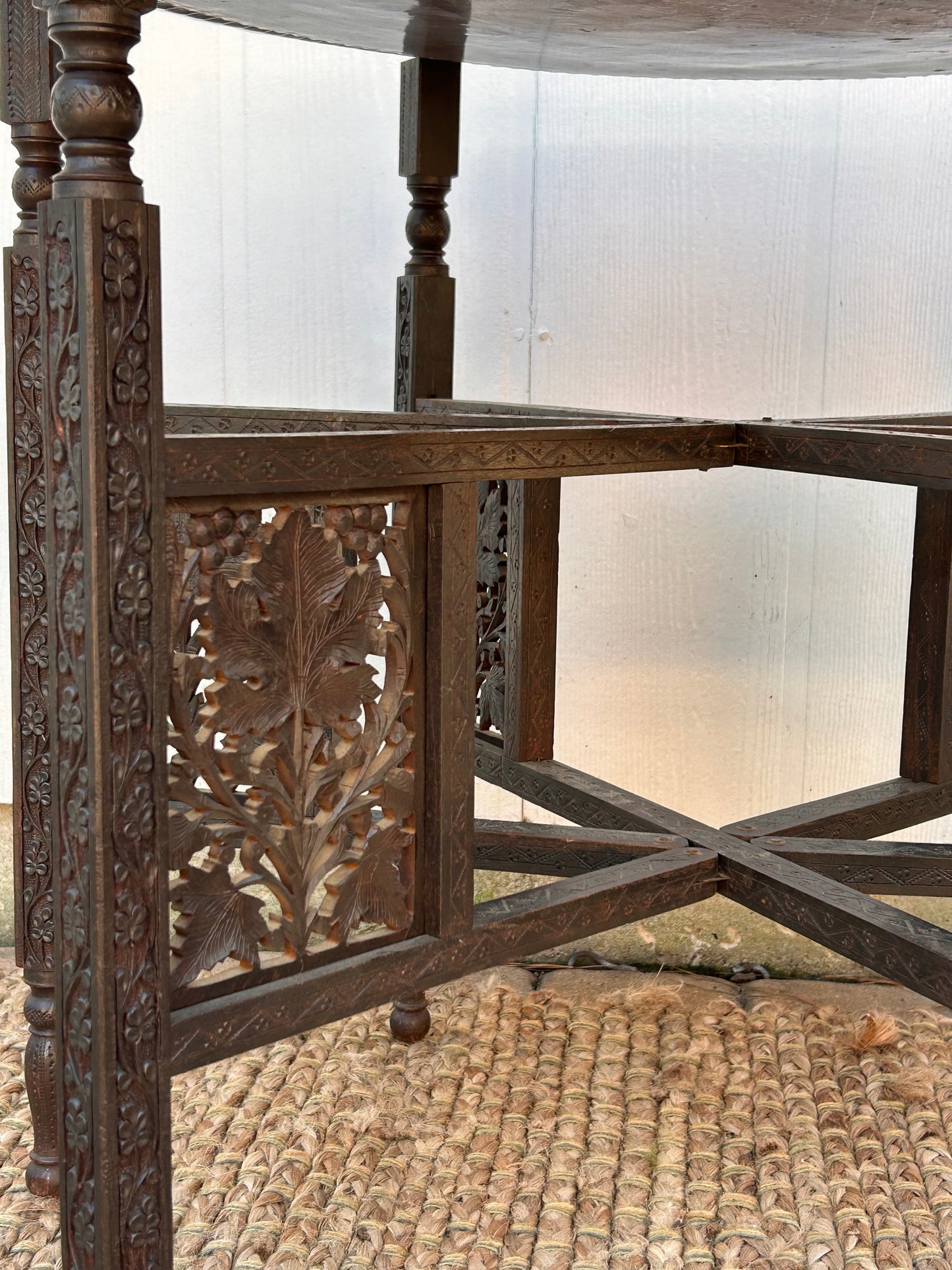 Antique Copper Tray Table with Carved Folding Wood Base