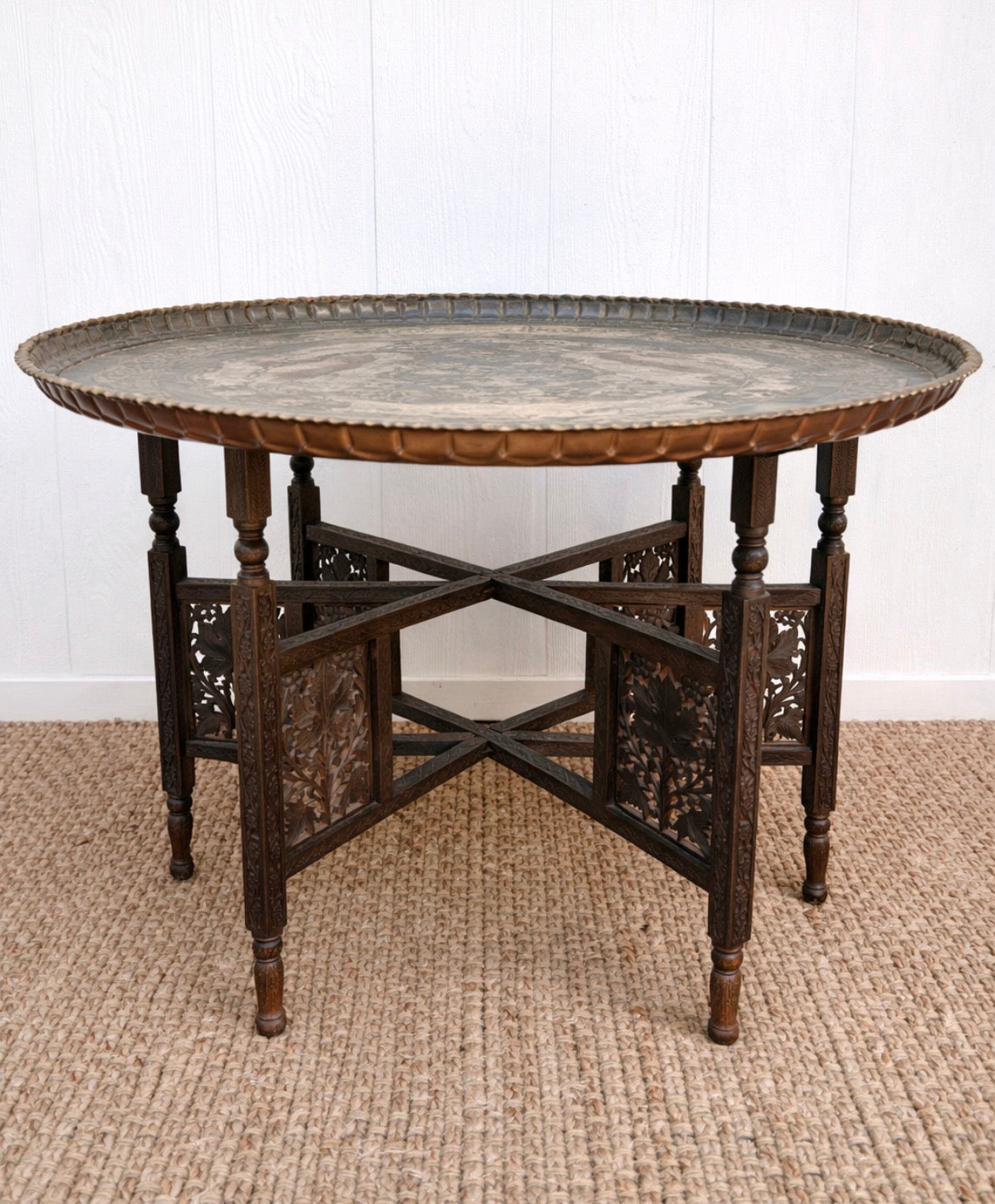 Antique Copper Tray Table with Carved Folding Wood Base