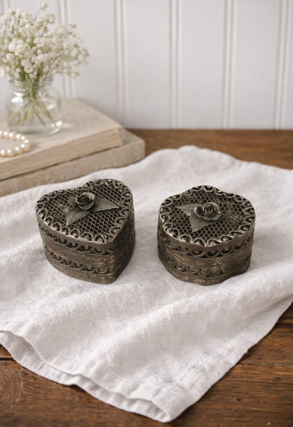 Vintage Metal Heart Trinket Boxes – Set of 2 Pierced Rose Keepsake Boxes