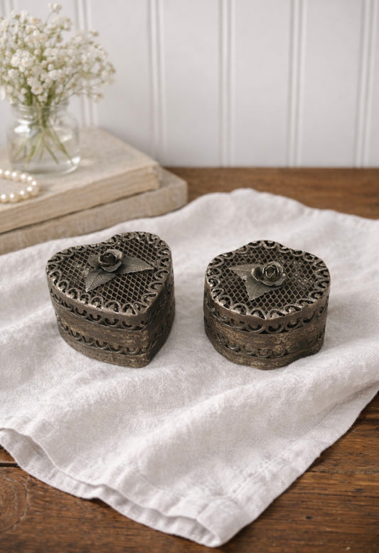 Vintage Metal Heart Trinket Boxes – Set of 2 Pierced Rose Keepsake Boxes