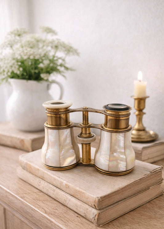 Antique Engraved Opera Glasses – Mother of Pearl & Brass – Dated February 6, 1869 – Victorian Collectible