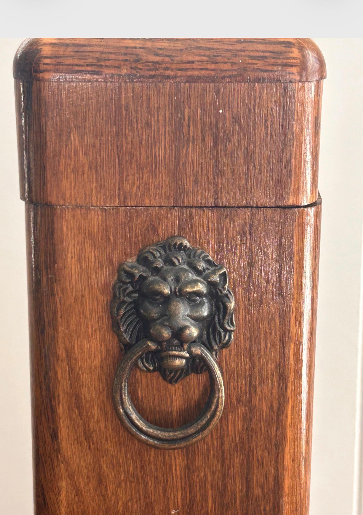 Vintage Wooden Lion Head Match Holder Box – Tall Fireplace Storage with Brass Ring Hardware