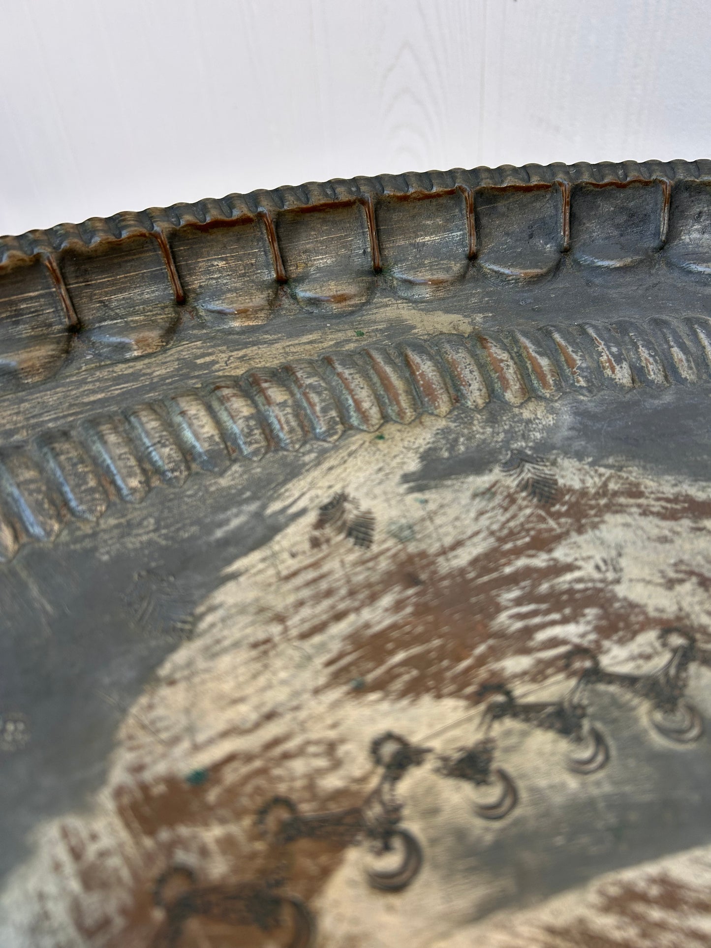 Antique Copper Tray Table with Carved Folding Wood Base