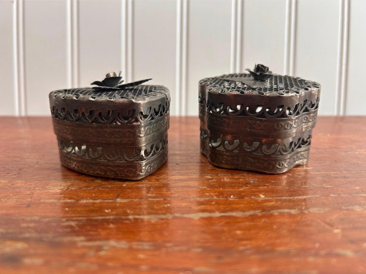 Vintage Metal Heart Trinket Boxes – Set of 2 Pierced Rose Keepsake Boxes