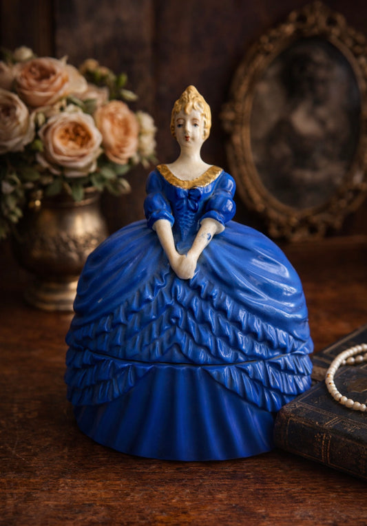 Vintage Blue Porcelain Lady Trinket Box | Made in Japan