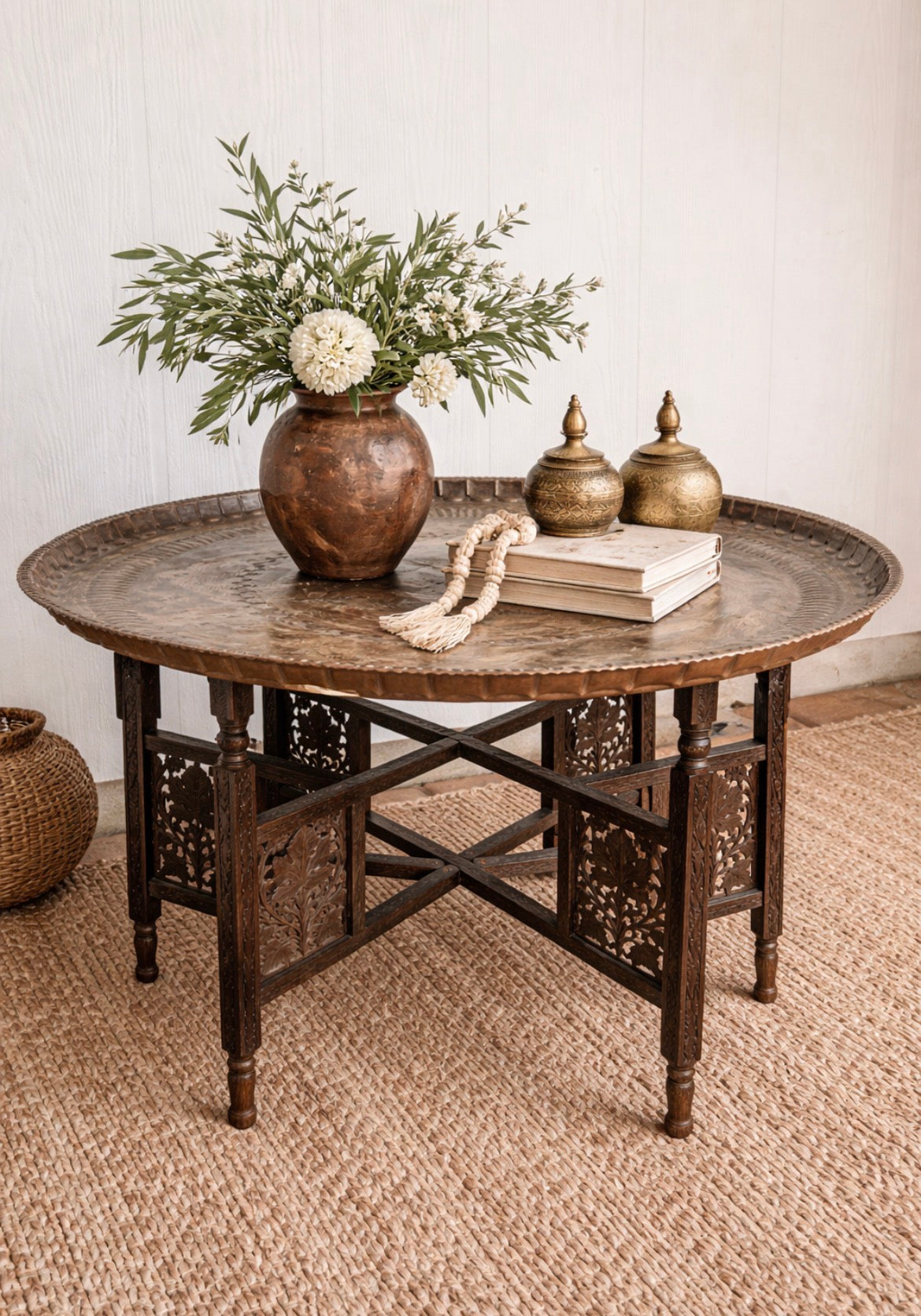Antique Copper Tray Table with Carved Folding Wood Base