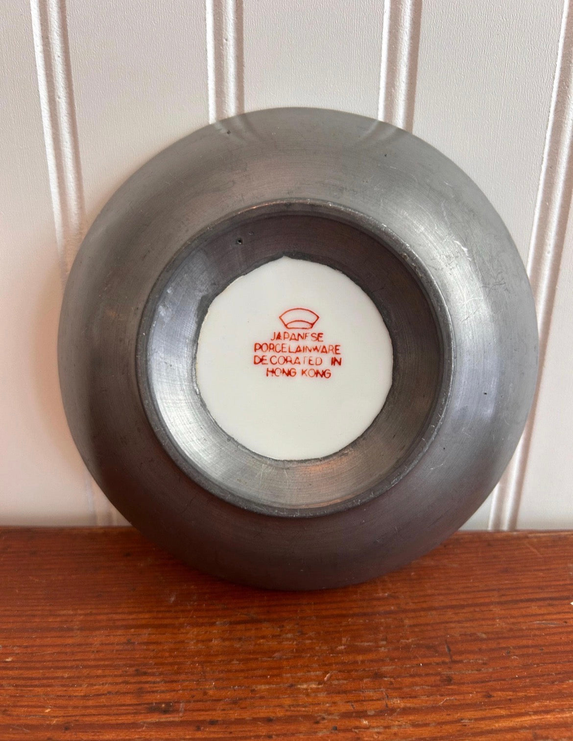 Vintage Floral Porcelain Dish with Pewter Wrap