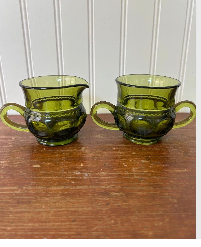 Indiana Glass Kings Crown Thumbprint Sugar & Creamer Set – Vintage Olive Green Pressed Glass