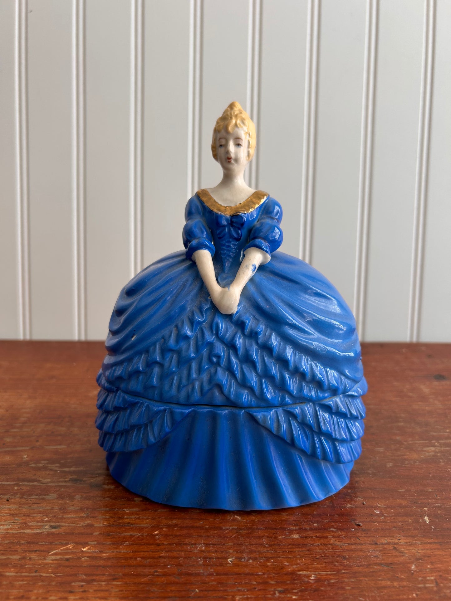 Vintage Blue Porcelain Lady Trinket Box | Made in Japan