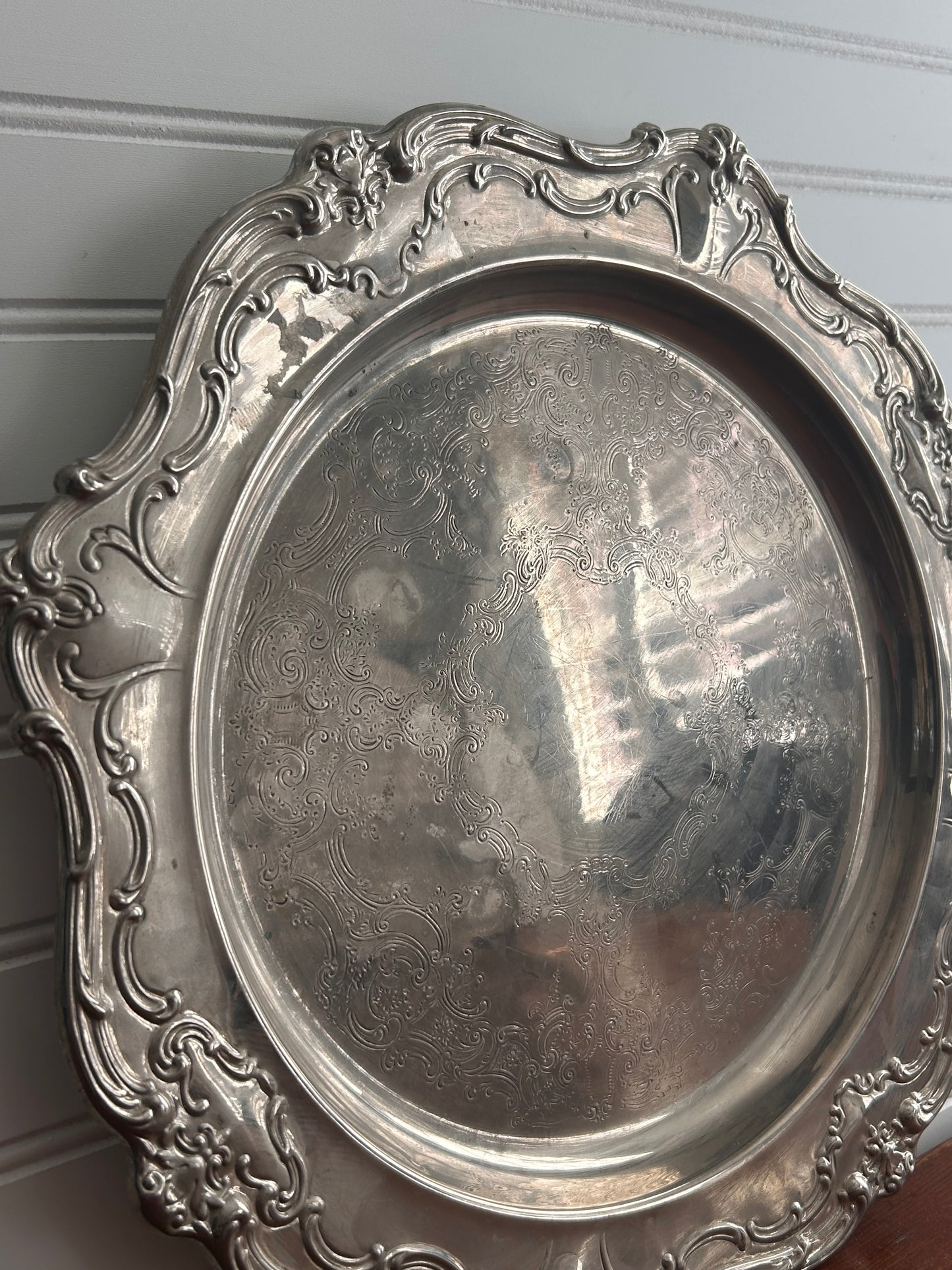 Antique Gorham Silver-Plated Vanity Tray | Ornate Floral Rim | 15.25” Vintage Brass Tray