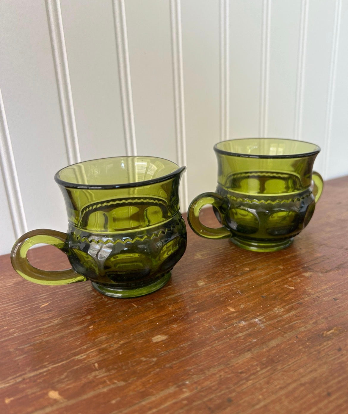 Indiana Glass Kings Crown Thumbprint Sugar & Creamer Set – Vintage Olive Green Pressed Glass
