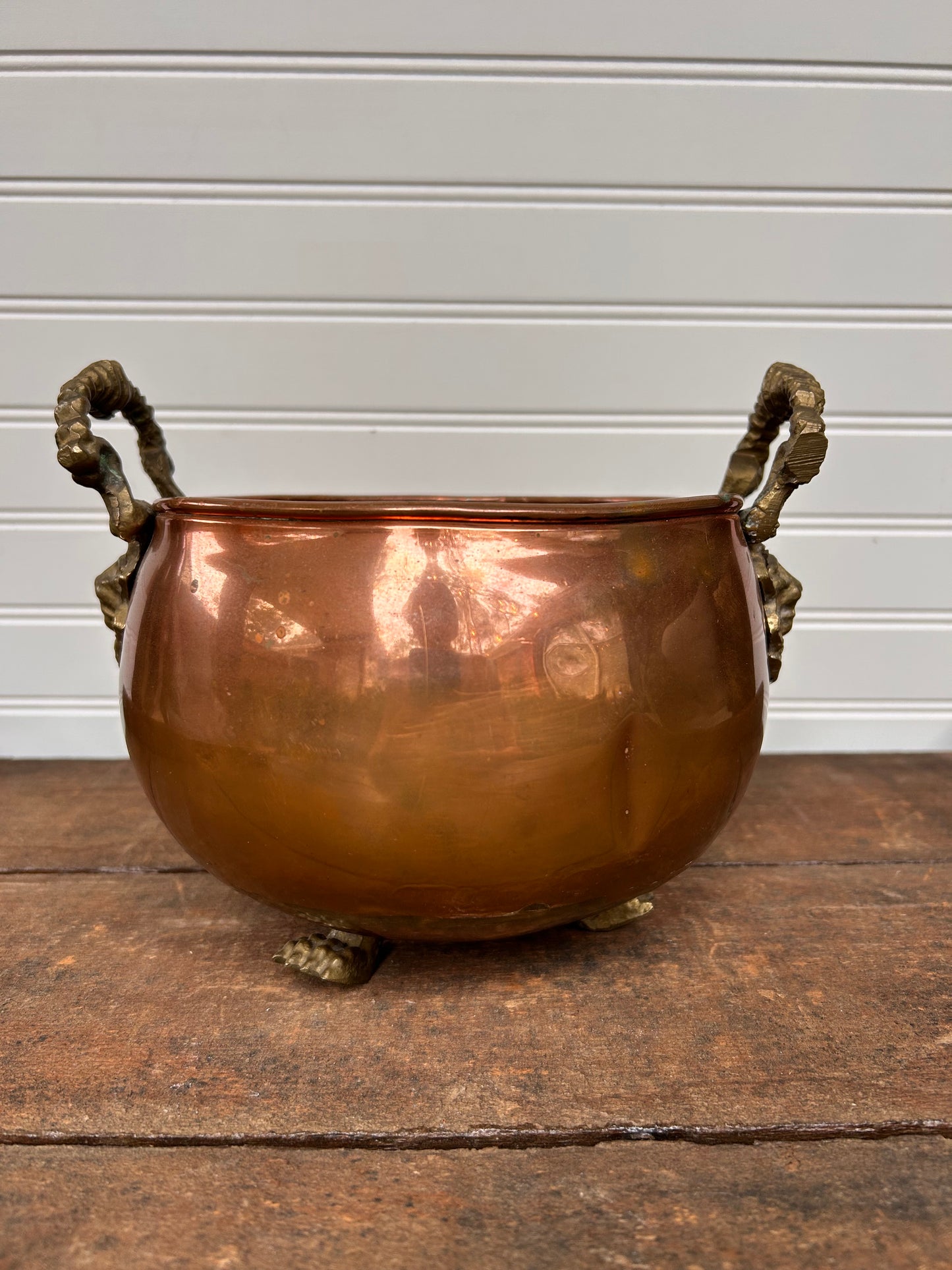 Antique Copper Cachepot with Brass Lion Handles
