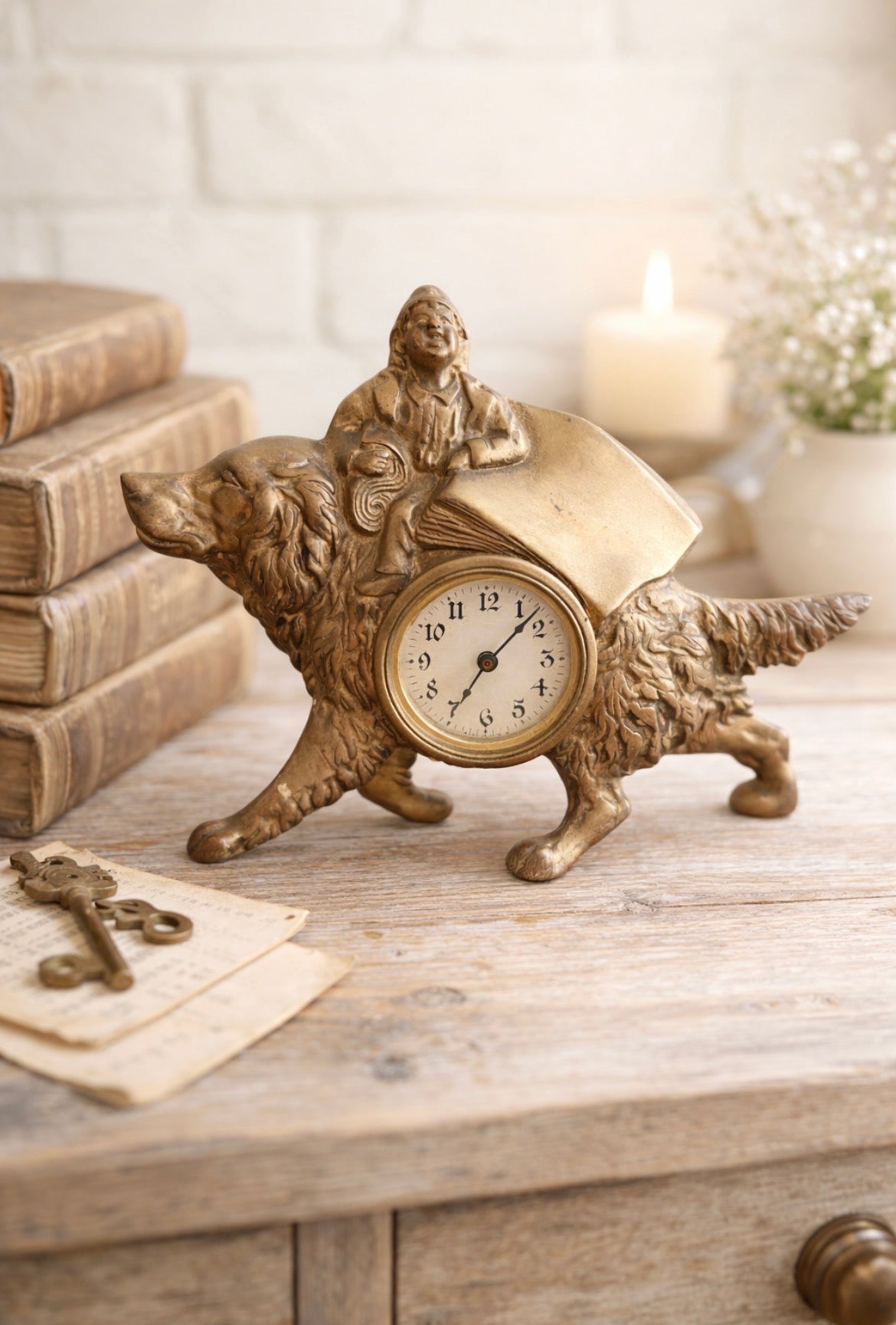 Antique Figural Brass Dog Clock | Wind-Up | Made in USA