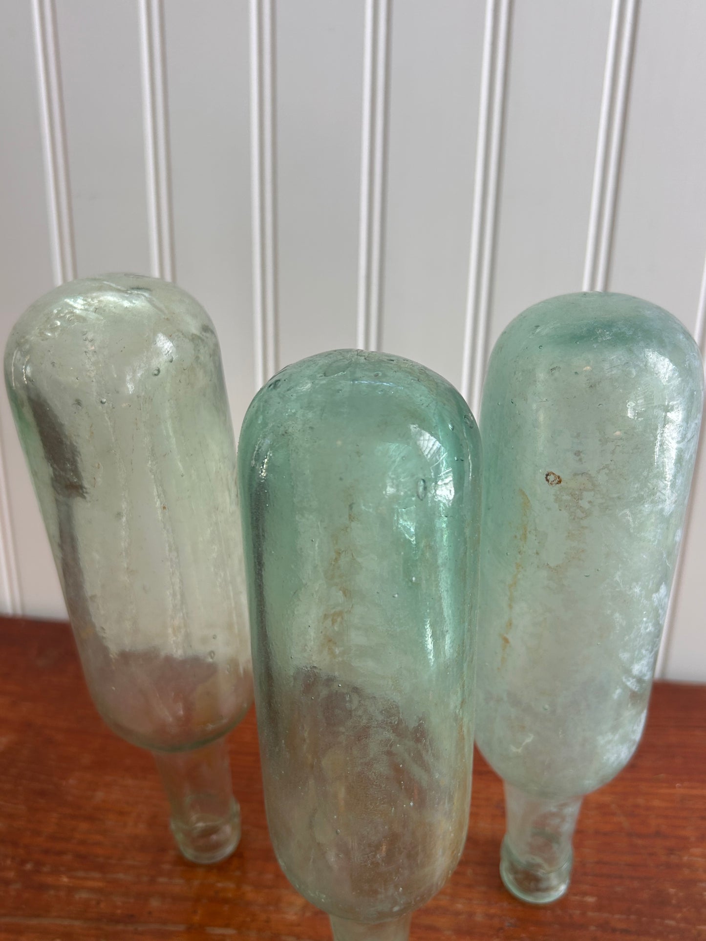 Antique Aqua Torpedo Bottles – Set of 3 – Round Bottom Dug Glass, 10”