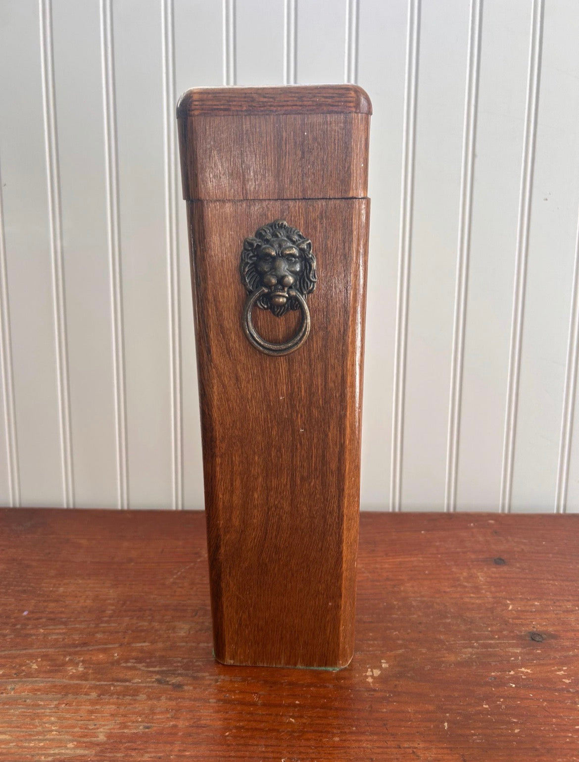 Vintage Wooden Lion Head Match Holder Box – Tall Fireplace Storage with Brass Ring Hardware