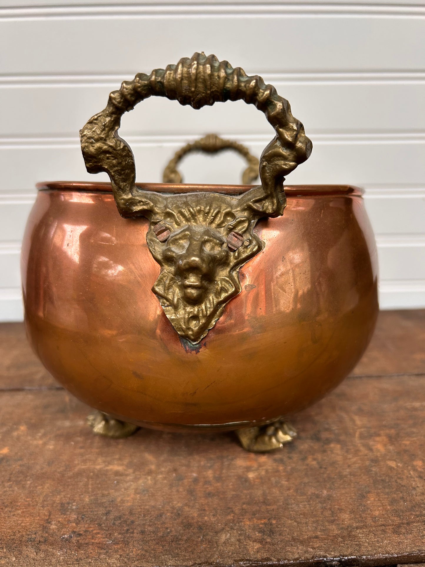 Antique Copper Cachepot with Brass Lion Handles