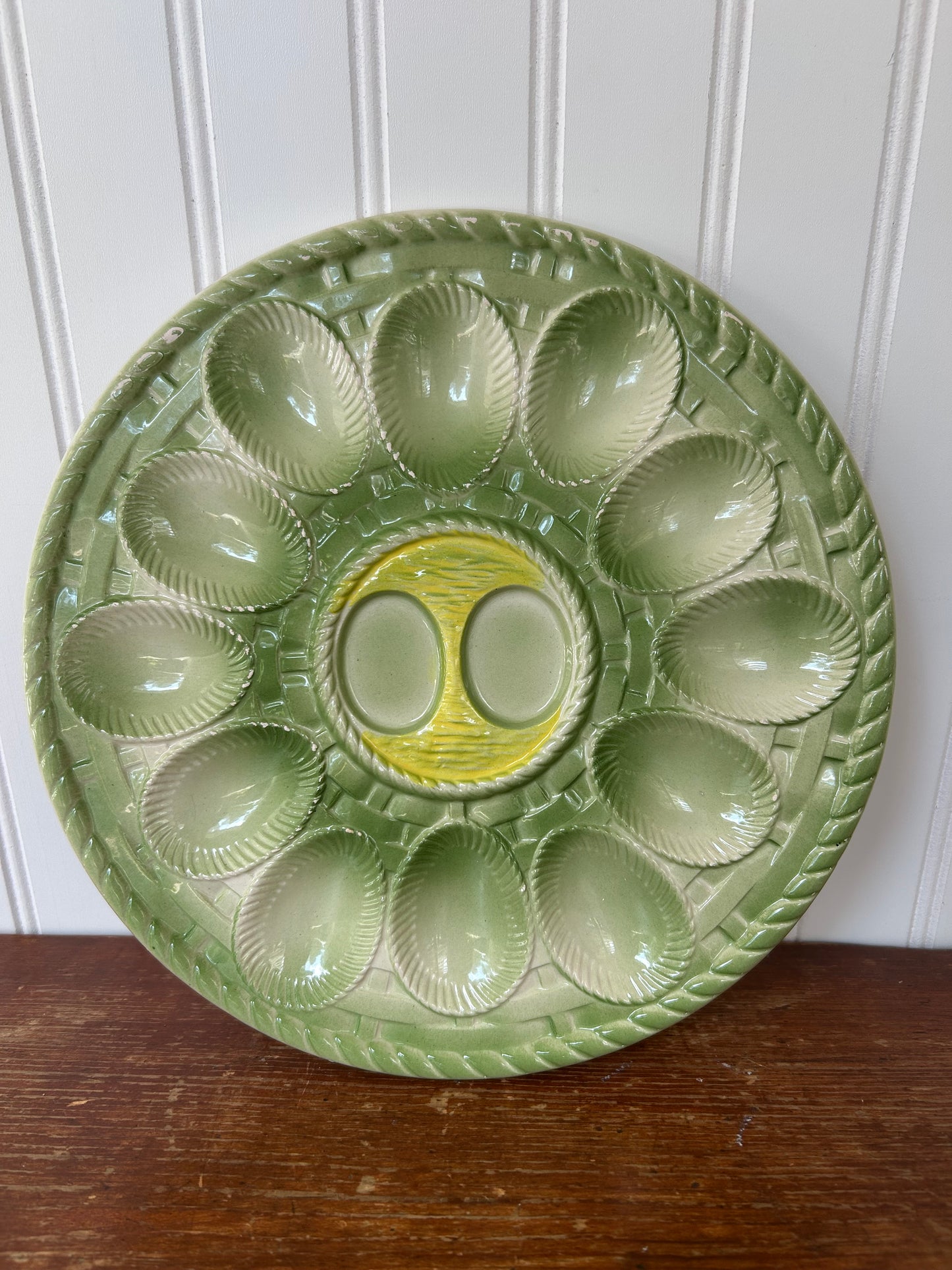 Vintage Japanese Ceramic Deviled Egg Plate – 11” Green Glaze