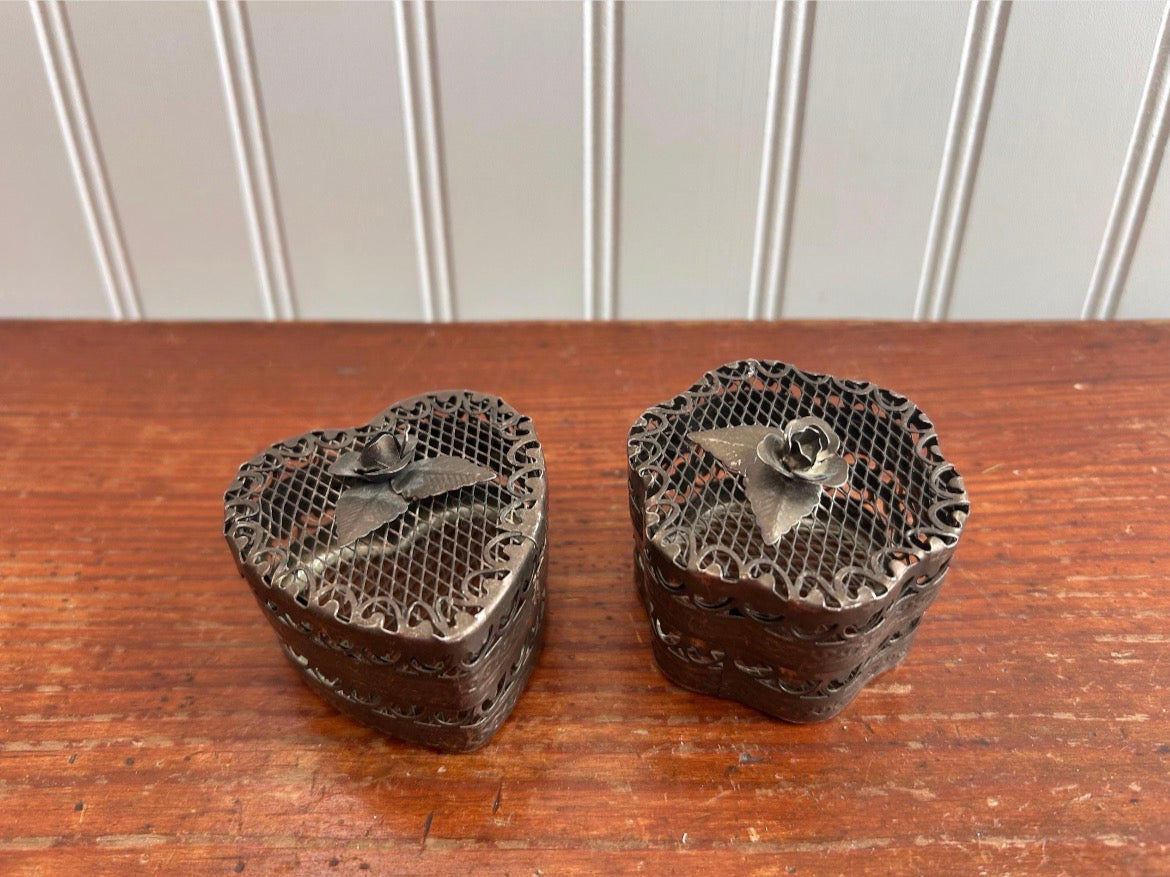 Vintage Metal Heart Trinket Boxes – Set of 2 Pierced Rose Keepsake Boxes