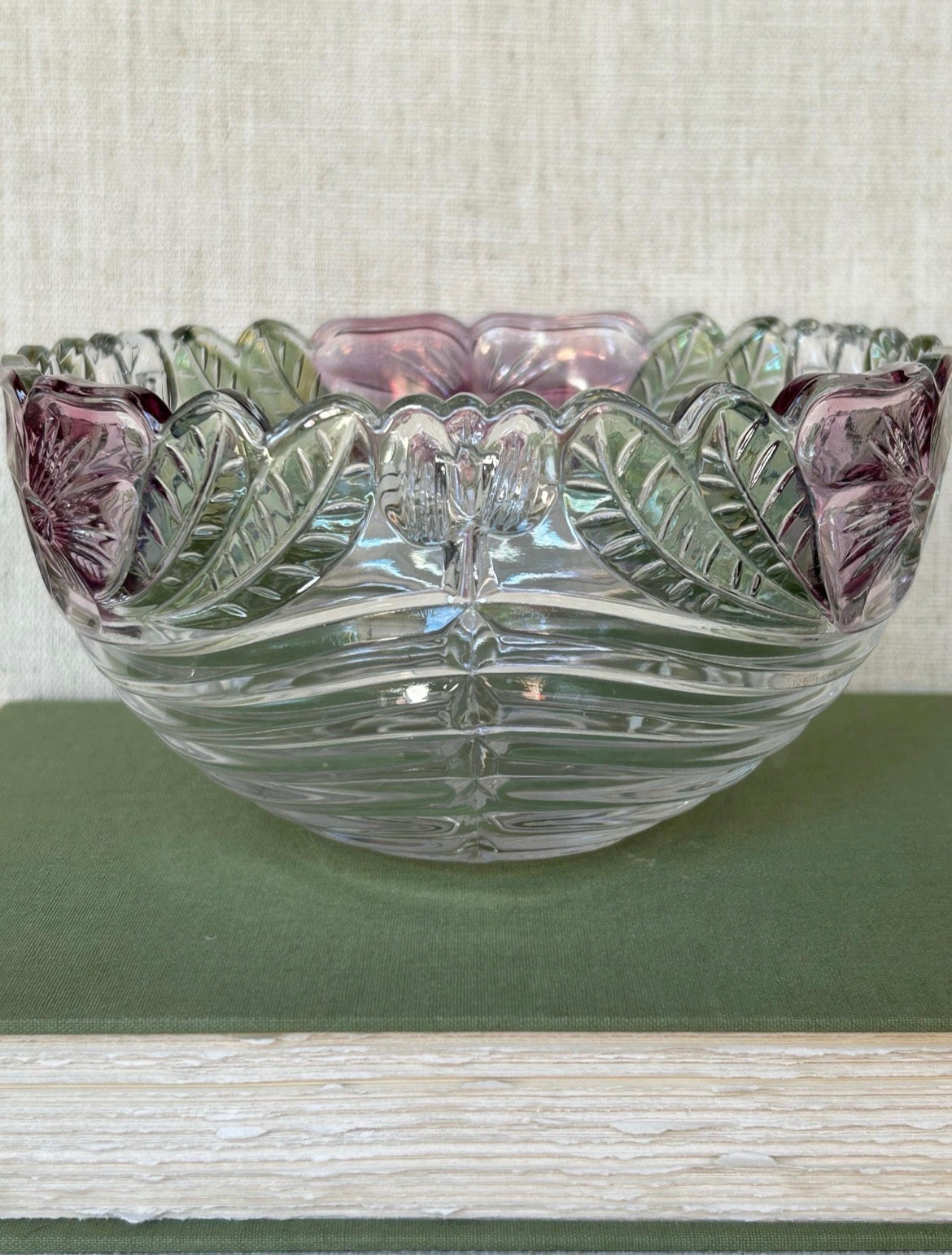 Anna Hütte Rose Petals 24% Lead Crystal Bowl – 8” Iridescent Vintage Glass                                   Only 1 available
