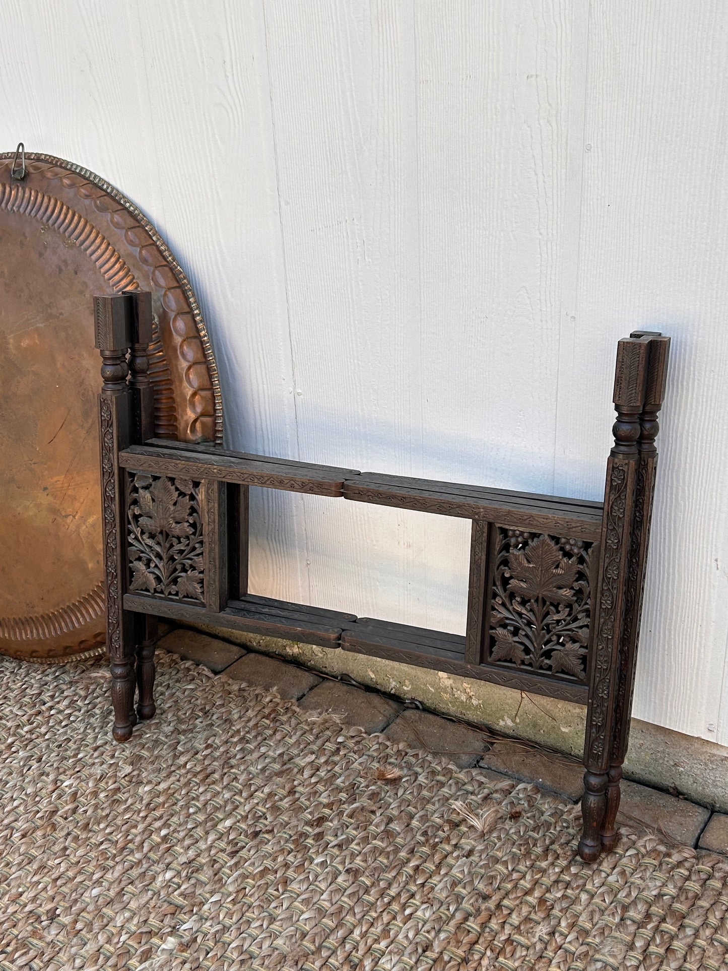 Antique Copper Tray Table with Carved Folding Wood Base