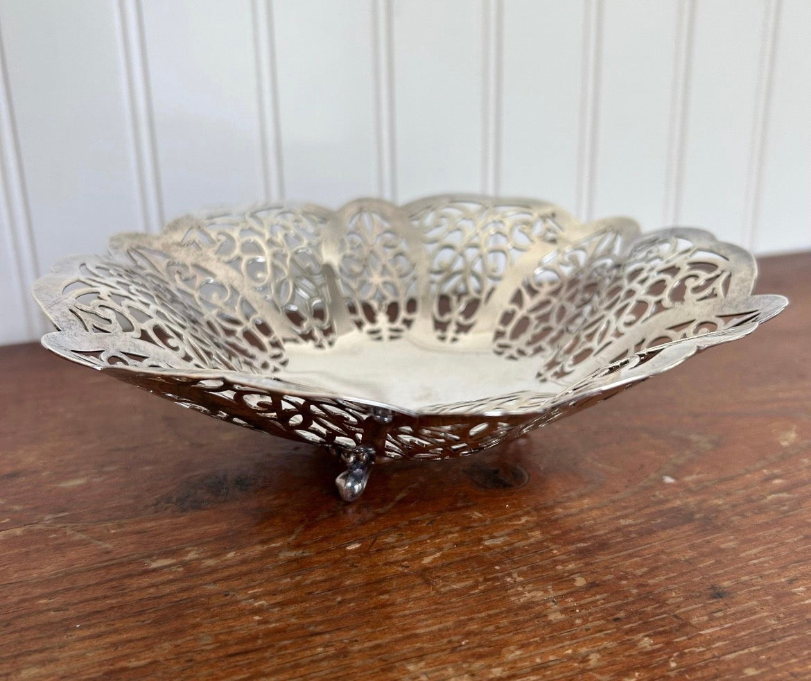 Vintage Silverplate Pierced Love Lace Bowl | Ornate Filigree Vanity Dish