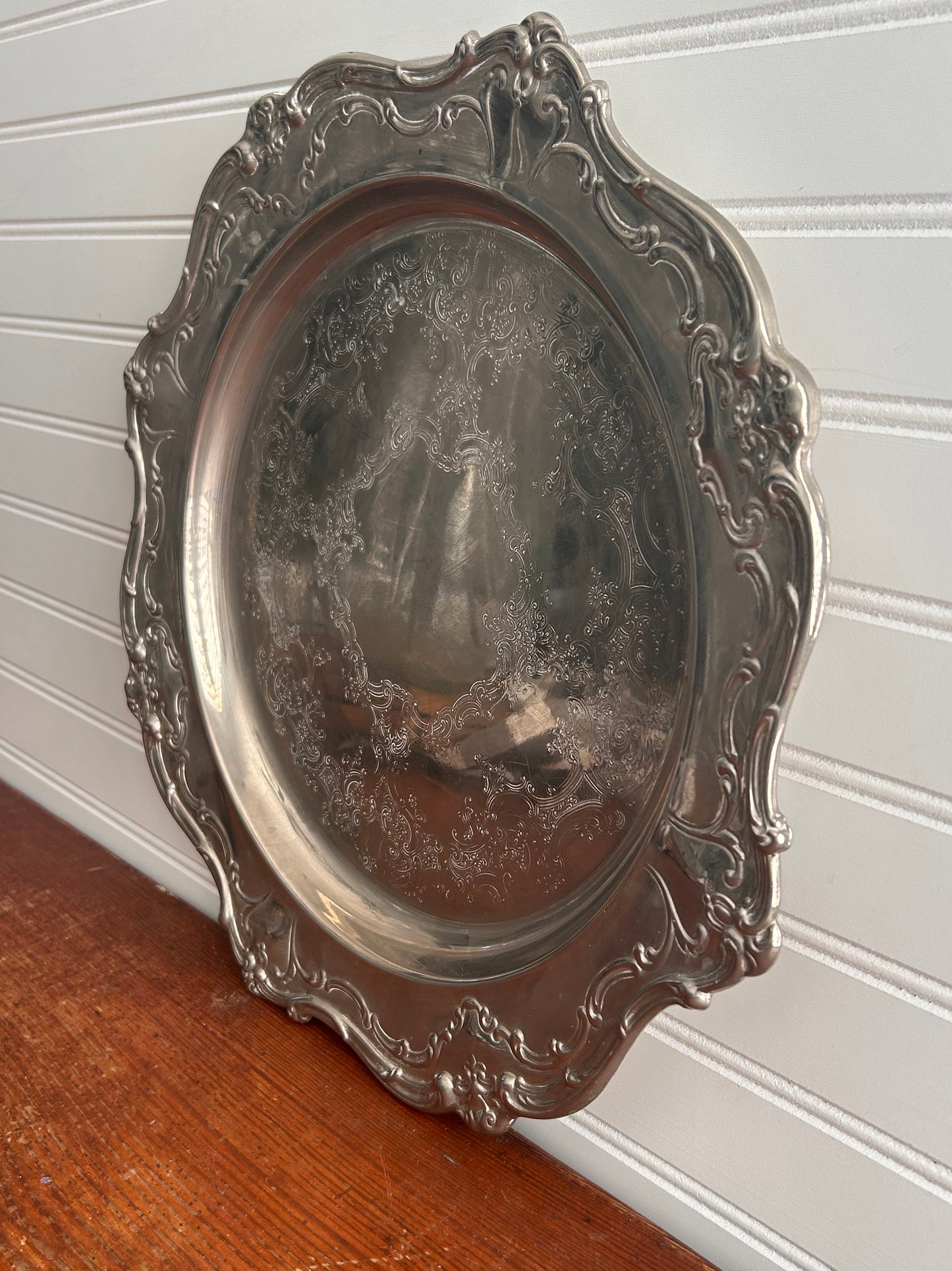 Antique Gorham Silver-Plated Vanity Tray | Ornate Floral Rim | 15.25” Vintage Brass Tray