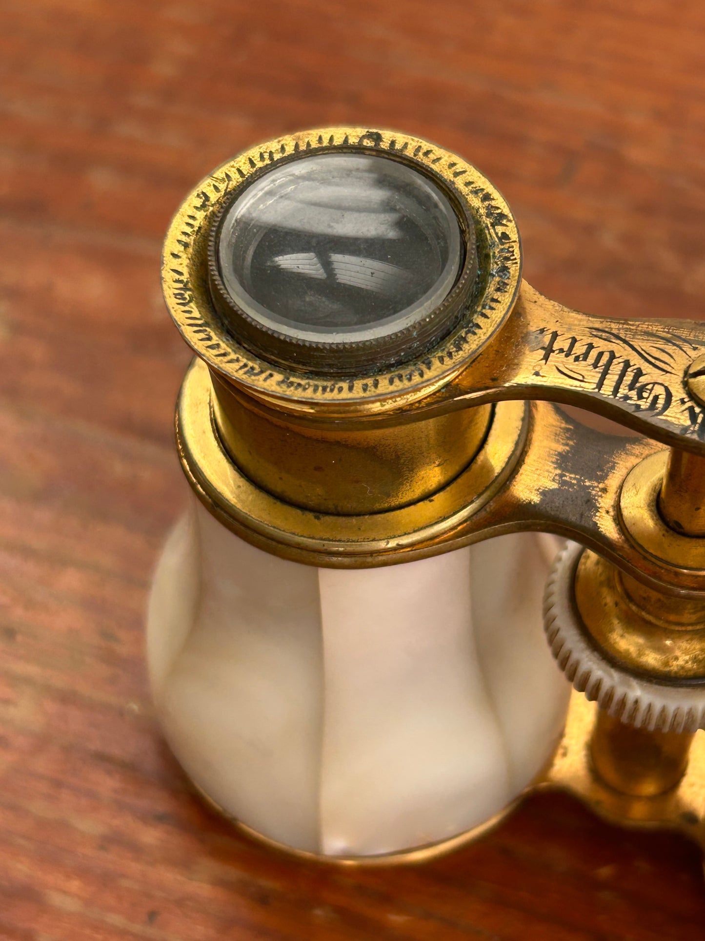 Antique Engraved Opera Glasses – Mother of Pearl & Brass – Dated February 6, 1869 – Victorian Collectible