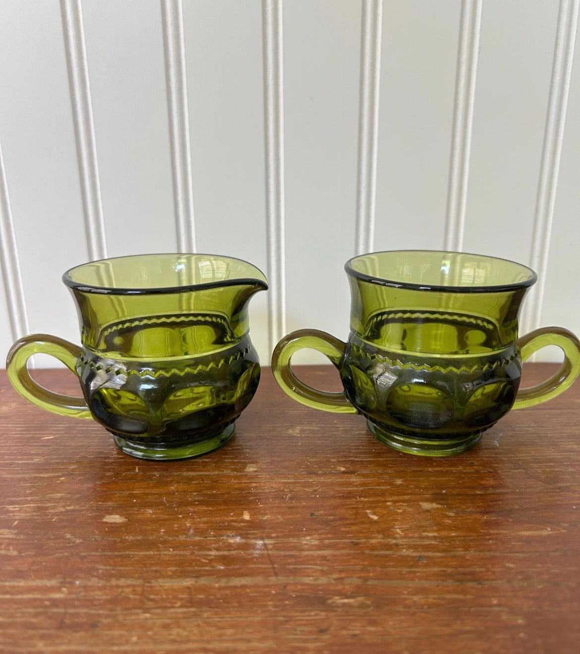 Indiana Glass Kings Crown Thumbprint Sugar & Creamer Set – Vintage Olive Green Pressed Glass