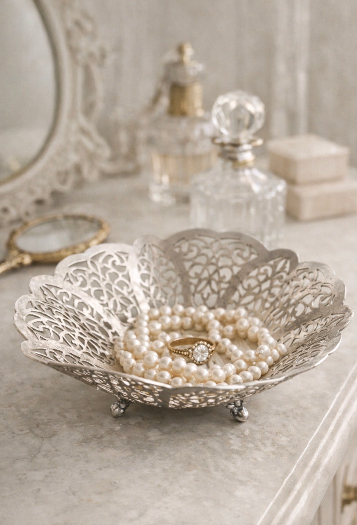 Vintage Silverplate Pierced Love Lace Bowl | Ornate Filigree Vanity Dish