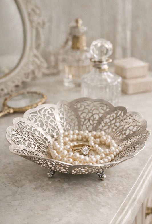 Vintage Silverplate Pierced Love Lace Bowl | Ornate Filigree Vanity Dish