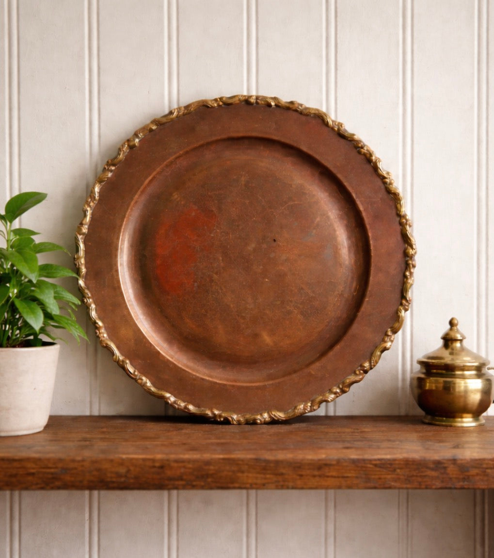 Vintage Copper Accent Plate with Ornate Brass Rim – 11”
