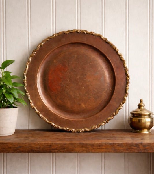 Vintage Copper Accent Plate with Ornate Brass Rim – 11”