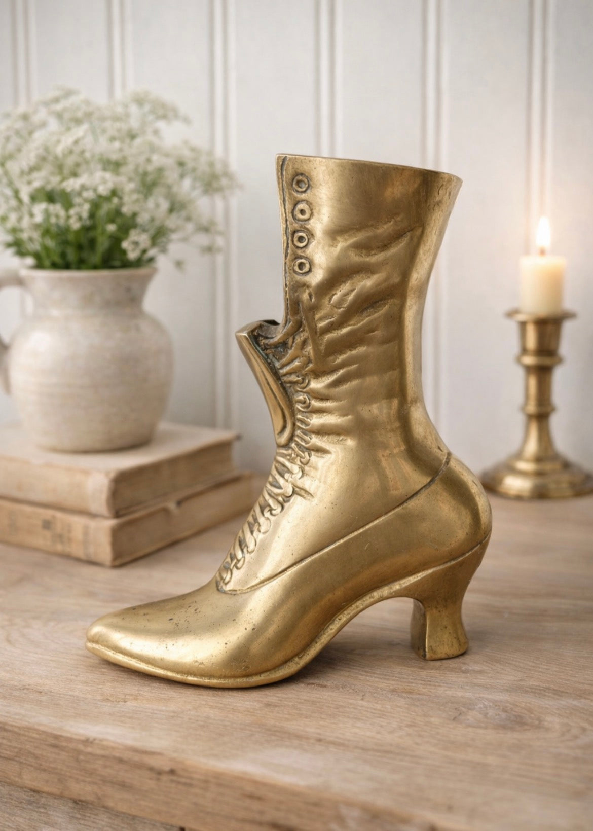 Vintage Solid Brass Victorian Boot Vase | Decorative Sculptural Vessel
