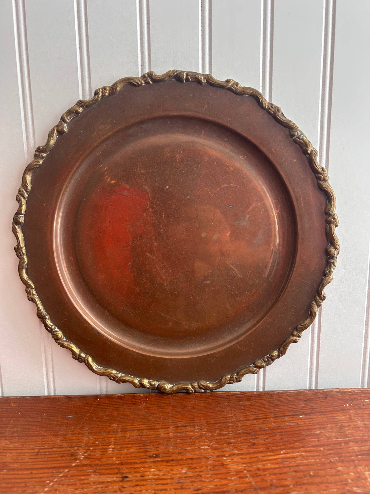 Vintage Copper Accent Plate with Ornate Brass Rim – 11”