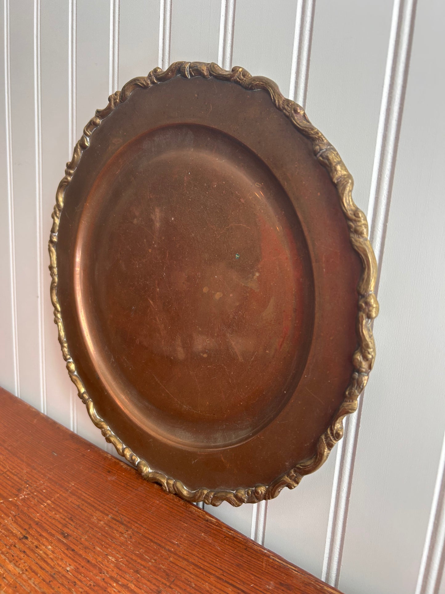 Vintage Copper Accent Plate with Ornate Brass Rim – 11”