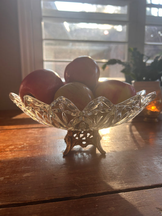Vintage Glass Pedestal Bowl with Ornate Brass Base
