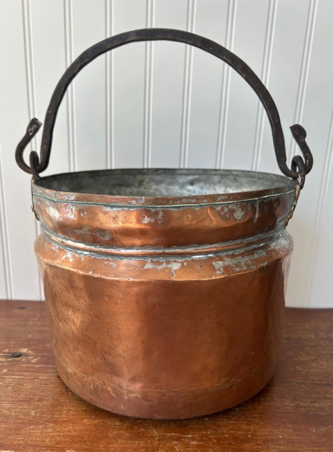Antique Hand-Forged Copper Cauldron with Iron Handle
