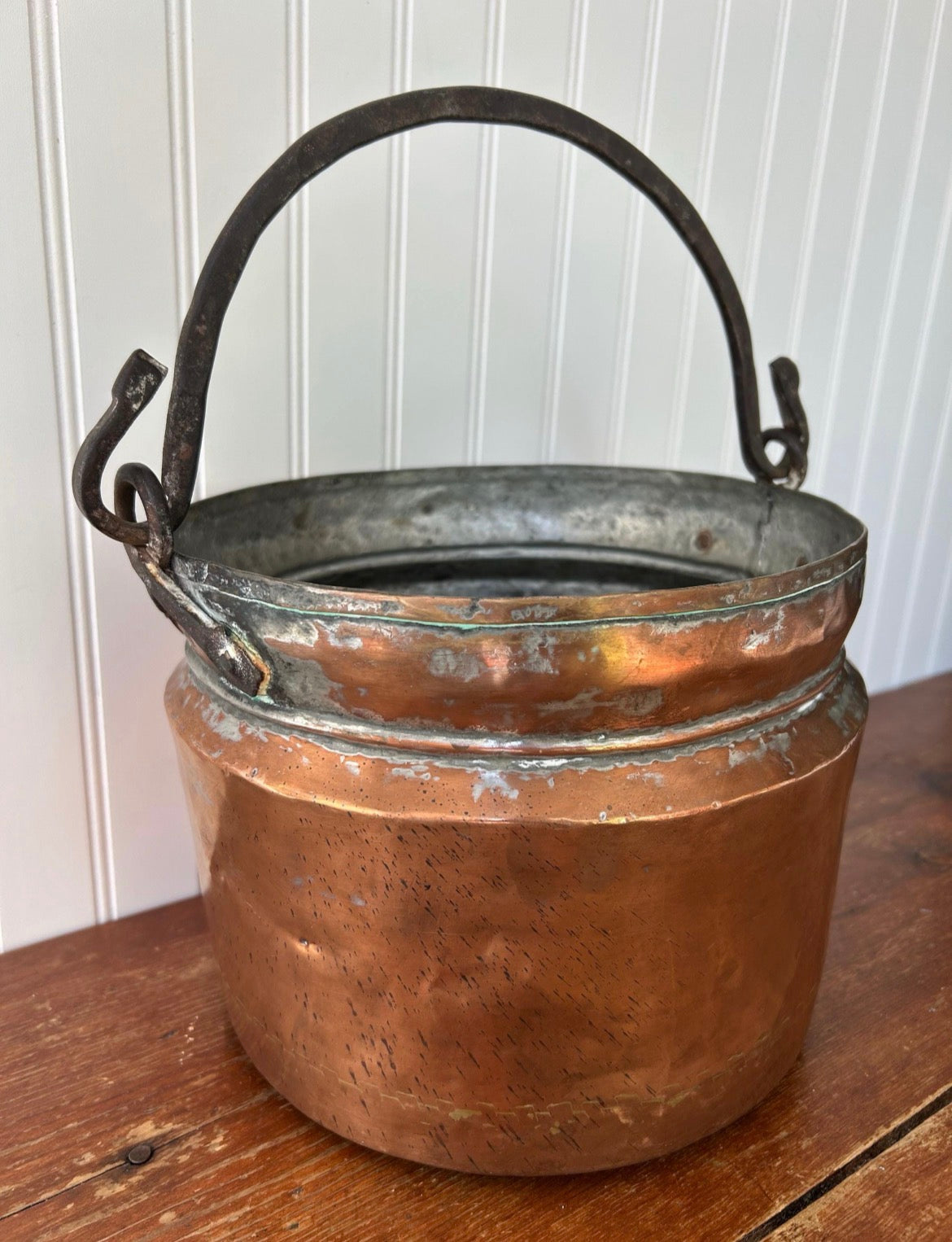 Antique Hand-Forged Copper Cauldron with Iron Handle