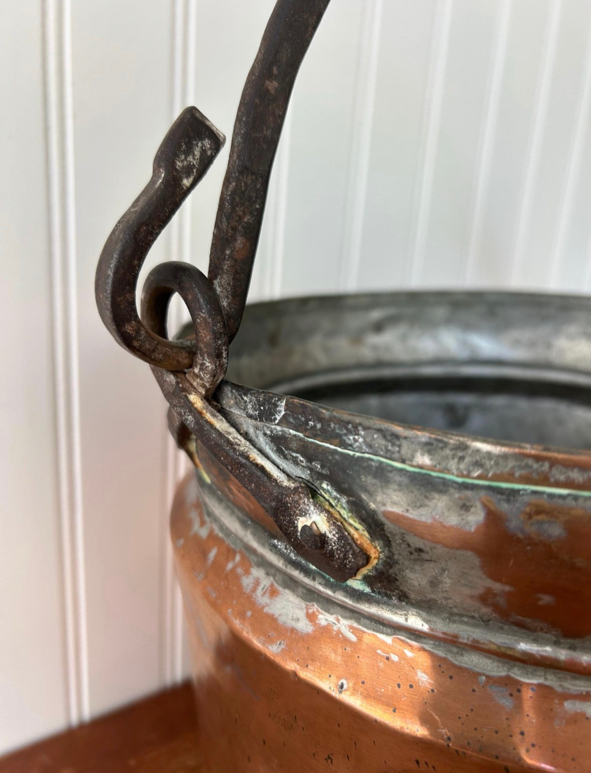 Antique Hand-Forged Copper Cauldron with Iron Handle