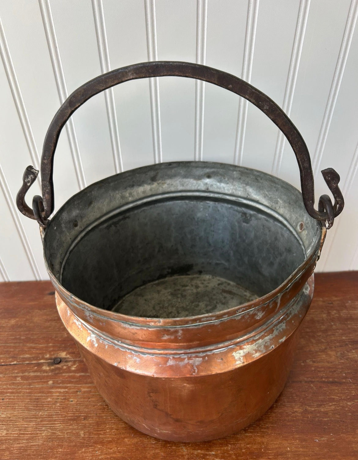 Antique Hand-Forged Copper Cauldron with Iron Handle