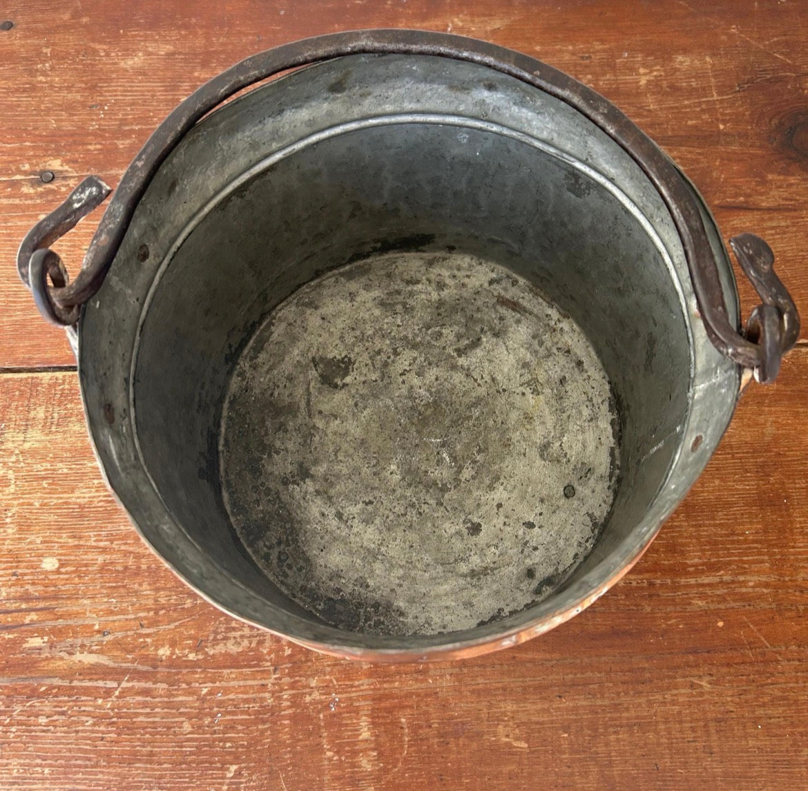 Antique Hand-Forged Copper Cauldron with Iron Handle