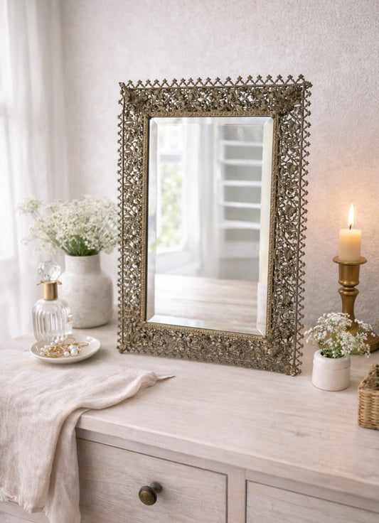 Antique K&S London Brass Filigree Mirror: Edwardian Vanity Decor