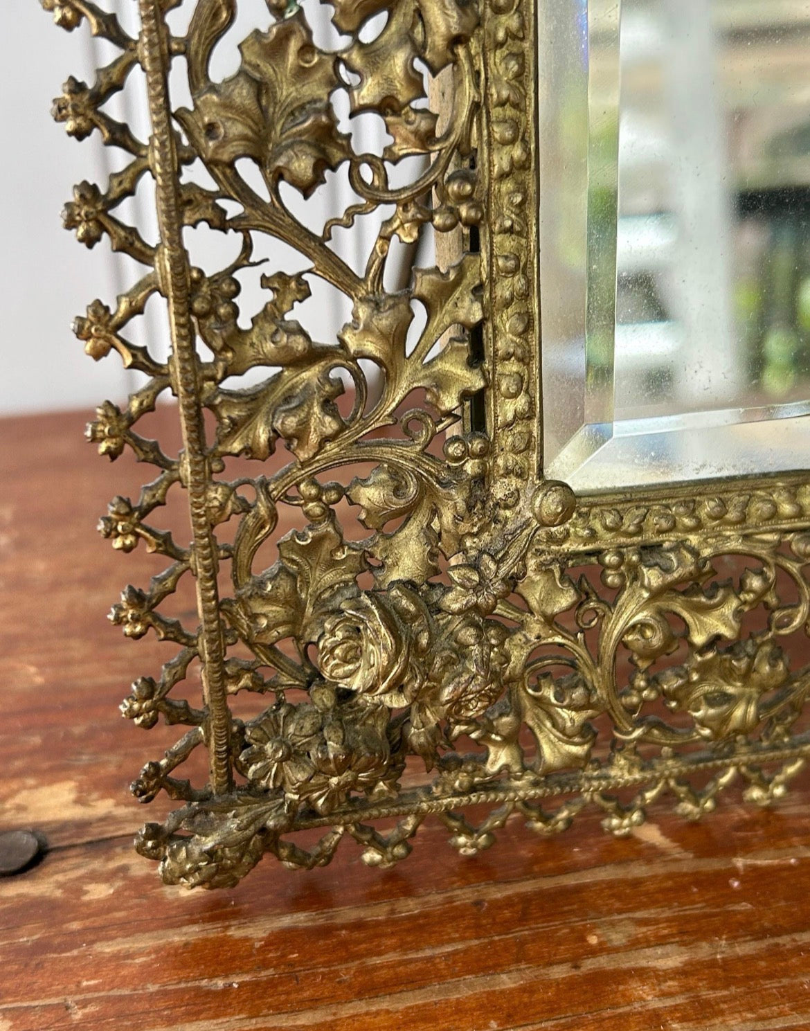 Antique K&S London Brass Filigree Mirror: Edwardian Vanity Decor