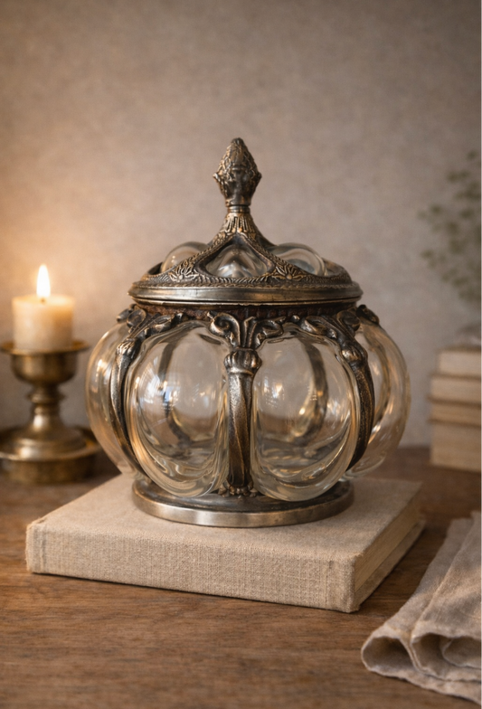 Handblown Glass Bubble Jar Rounded Form with Ornate Metal Overlay